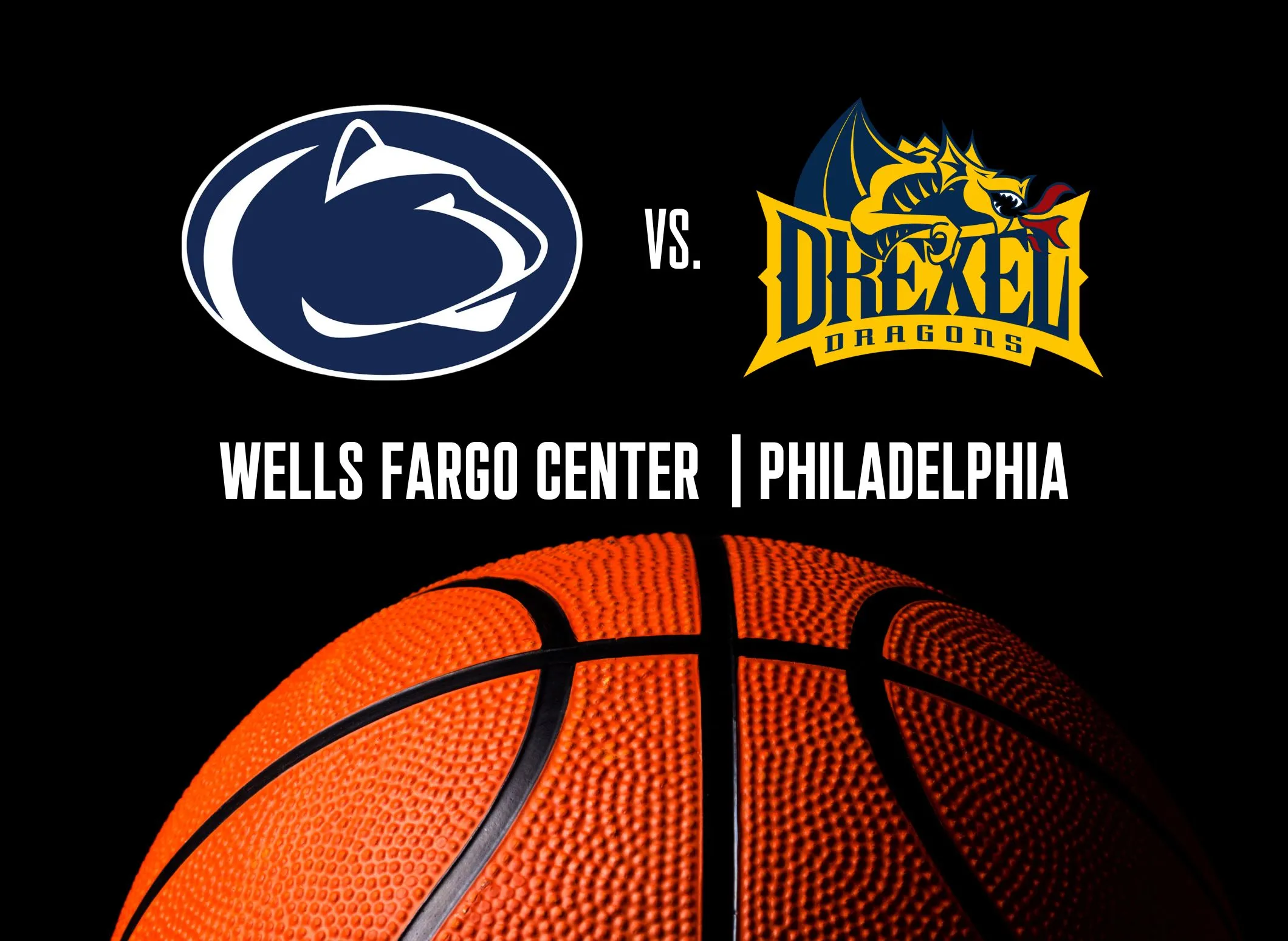 Penn State and Drexel athletics logos above basketball on black background