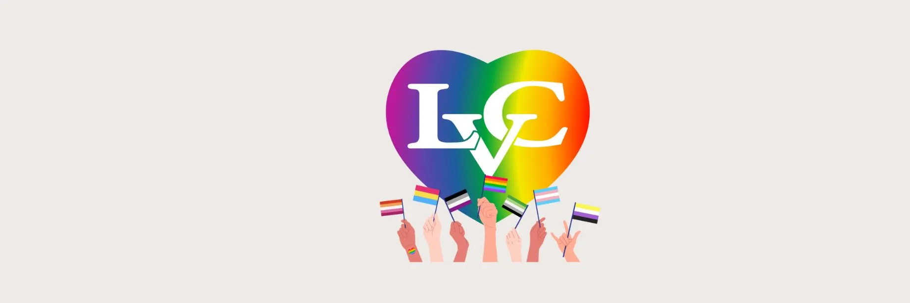 Pride Month banner with LVC logo inside rainbow heart