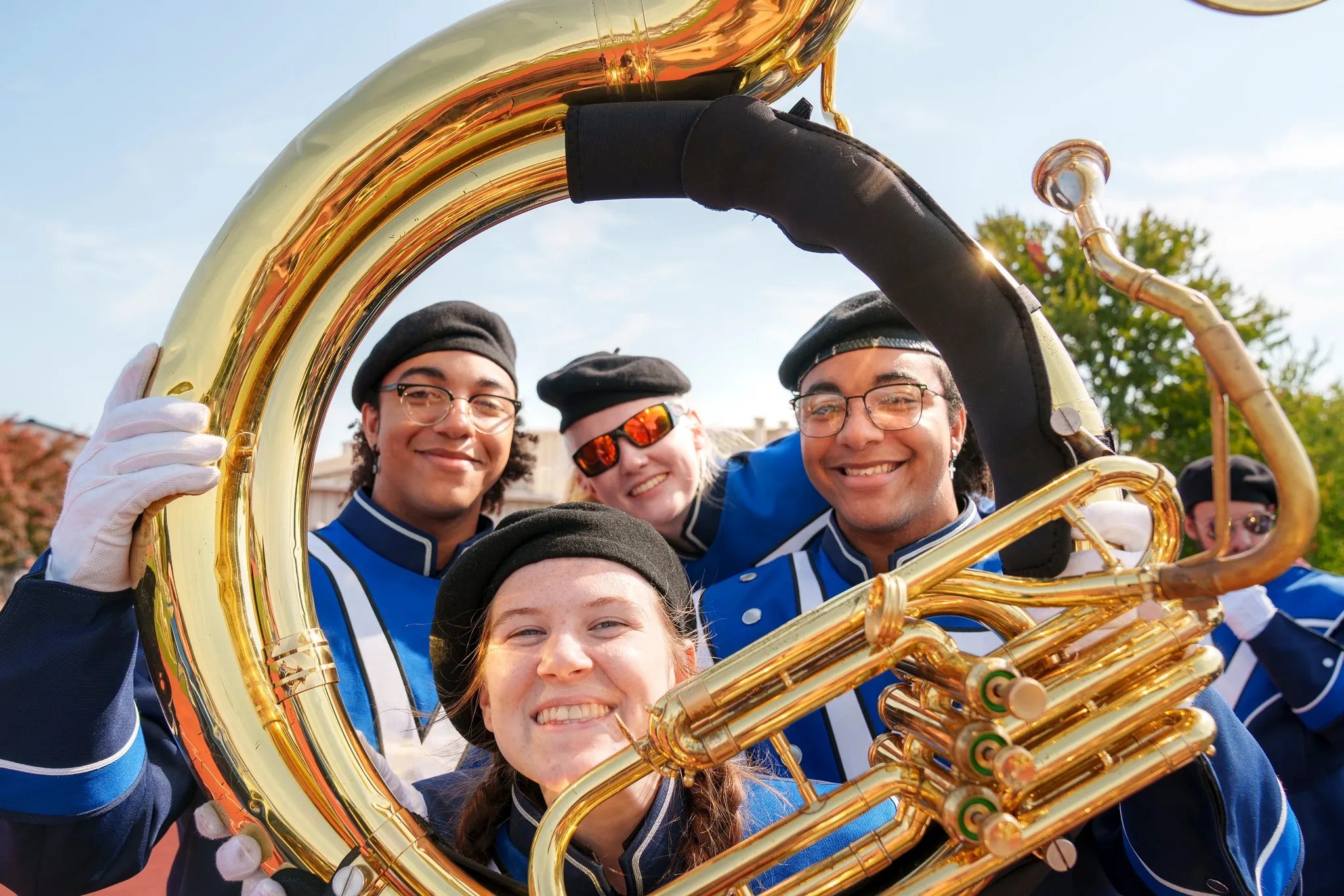 LVC Marching band students pose with instrument