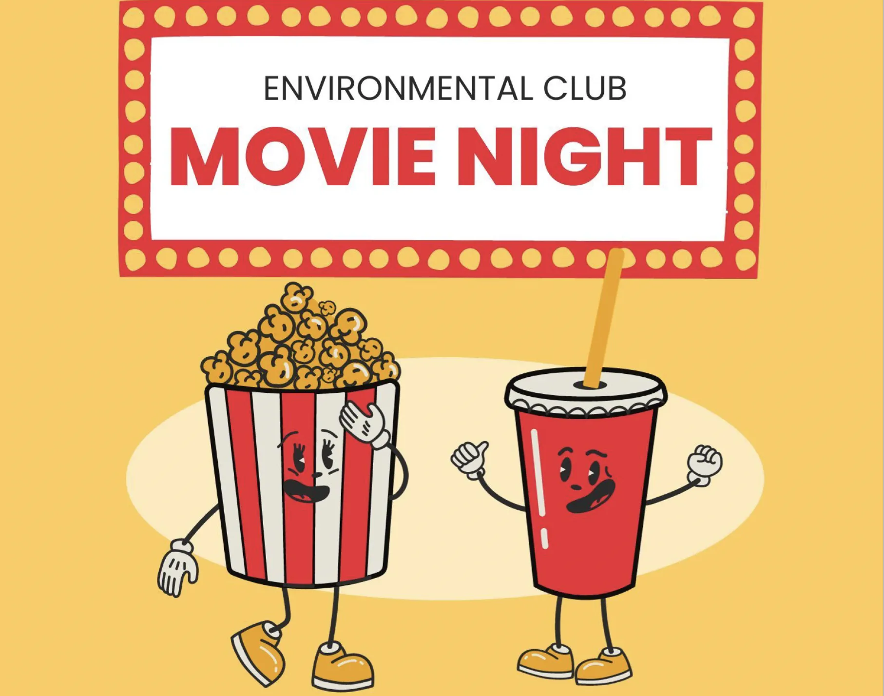 movie night graphic with popcorn and soda characters