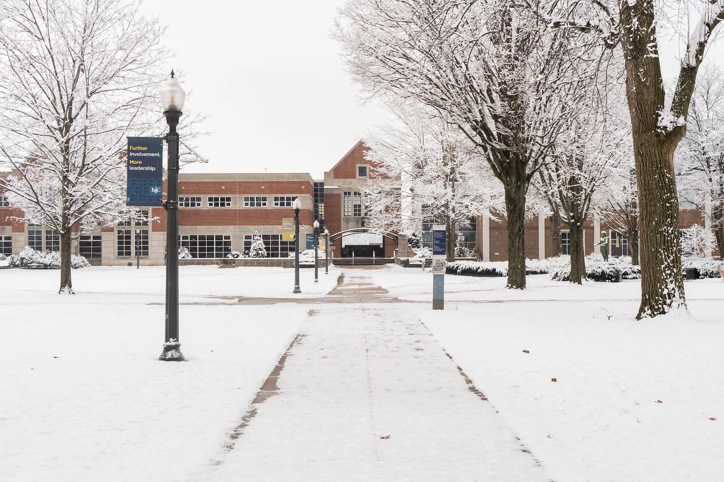 LVC Academic quad with snow on ground and trees in winter